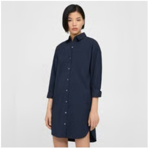 Everlane Navy Blue Long Sleeve 100% Cotton Button Up Shirt Dress Pockets Sz 0 - Picture 1 of 10
